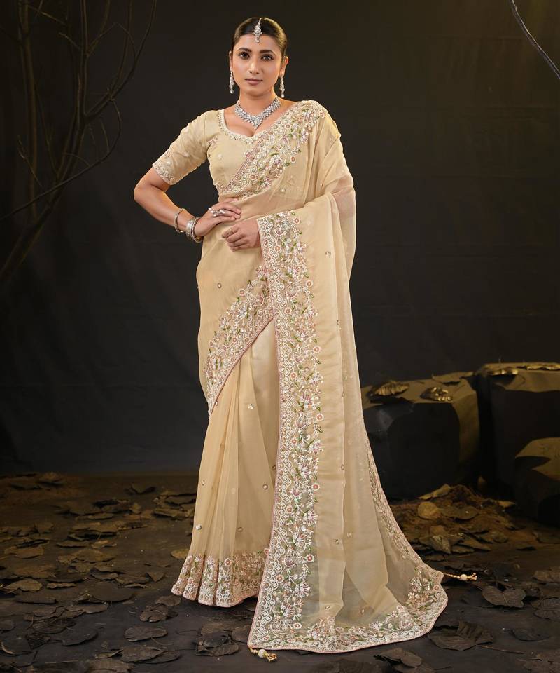 ethnic light yellow pastel floral embroidered border kashmiri organza saree with unstitched blouse