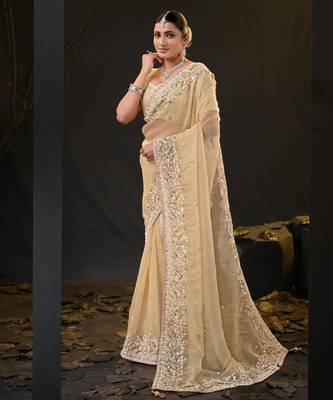 ethnic light yellow pastel floral embroidered border kashmiri organza saree with unstitched blouse 2