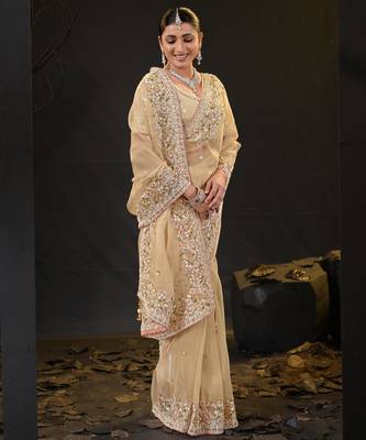 ethnic light yellow pastel floral embroidered border kashmiri organza saree with unstitched blouse 3