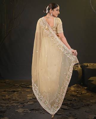 ethnic light yellow pastel floral embroidered border kashmiri organza saree with unstitched blouse 4