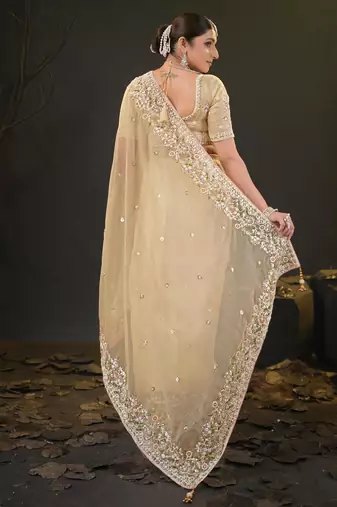 ethnic light yellow pastel floral embroidered border kashmiri organza saree with unstitched blouse