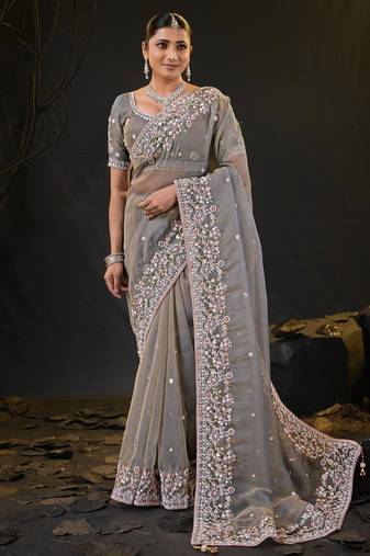 trendy gray pastel floral embroidered border kashmiri organza saree with unstitched blouse