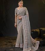 trendy gray pastel floral embroidered border kashmiri organza saree with unstitched blouse