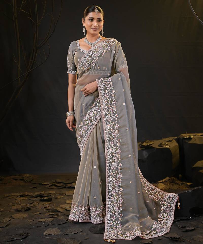 trendy gray pastel floral embroidered border kashmiri organza saree with unstitched blouse