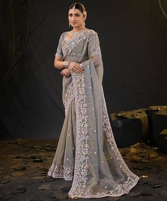 trendy gray pastel floral embroidered border kashmiri organza saree with unstitched blouse 2