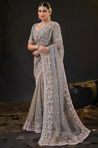 trendy gray pastel floral embroidered border kashmiri organza saree with unstitched blouse