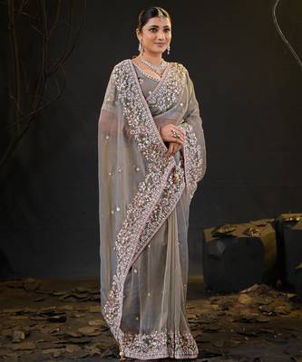 trendy gray pastel floral embroidered border kashmiri organza saree with unstitched blouse 3