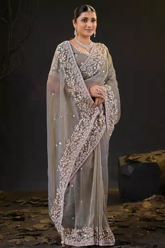 trendy gray pastel floral embroidered border kashmiri organza saree with unstitched blouse