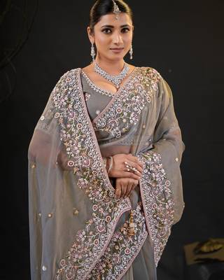 trendy gray pastel floral embroidered border kashmiri organza saree with unstitched blouse 4