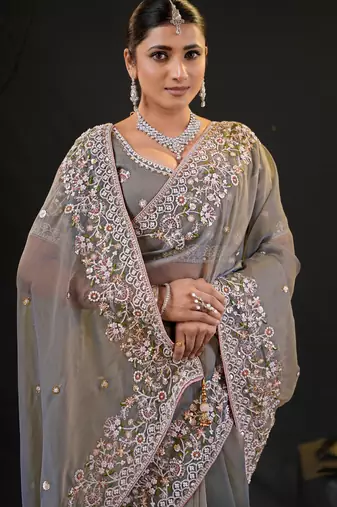 trendy gray pastel floral embroidered border kashmiri organza saree with unstitched blouse