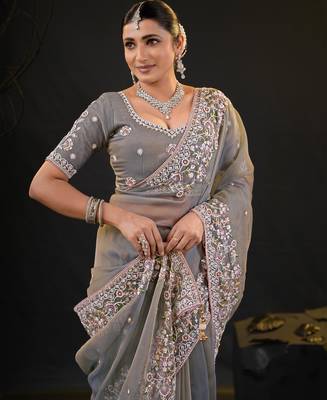 trendy gray pastel floral embroidered border kashmiri organza saree with unstitched blouse 5