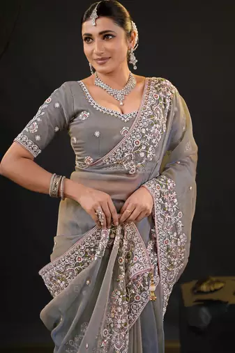 trendy gray pastel floral embroidered border kashmiri organza saree with unstitched blouse
