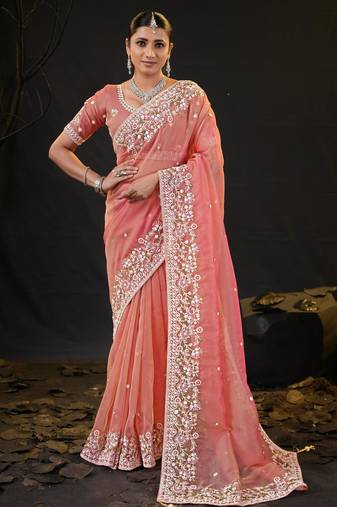 traditional peach pastel floral embroidered border kashmiri organza saree with unstitched blouse