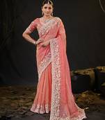 traditional peach pastel floral embroidered border kashmiri organza saree with unstitched blouse