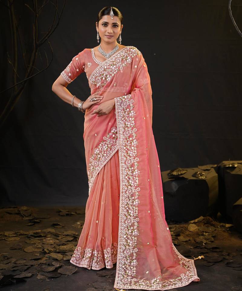 traditional peach pastel floral embroidered border kashmiri organza saree with unstitched blouse
