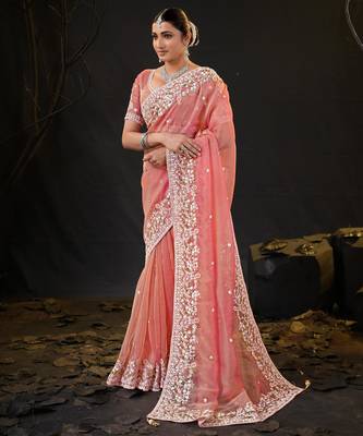 traditional peach pastel floral embroidered border kashmiri organza saree with unstitched blouse 2