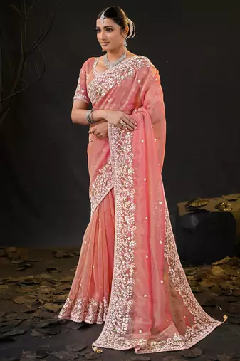 traditional peach pastel floral embroidered border kashmiri organza saree with unstitched blouse