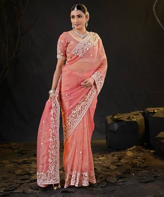 traditional peach pastel floral embroidered border kashmiri organza saree with unstitched blouse 3