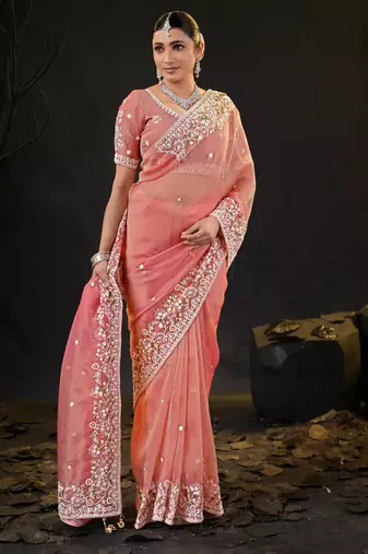 traditional peach pastel floral embroidered border kashmiri organza saree with unstitched blouse