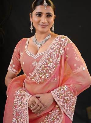 traditional peach pastel floral embroidered border kashmiri organza saree with unstitched blouse 5