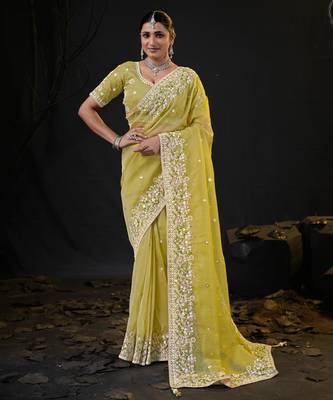 indian lemon yellow pastel floral embroidered border kashmiri organza saree with unstitched blouse 1