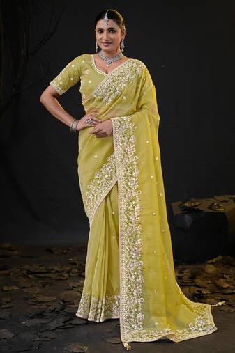 indian lemon yellow pastel floral embroidered border kashmiri organza saree with unstitched blouse