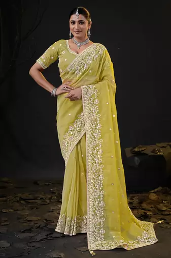 indian lemon yellow pastel floral embroidered border kashmiri organza saree with unstitched blouse