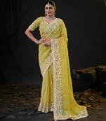 indian lemon yellow pastel floral embroidered border kashmiri organza saree with unstitched blouse