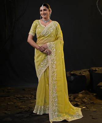 indian lemon yellow pastel floral embroidered border kashmiri organza saree with unstitched blouse 2