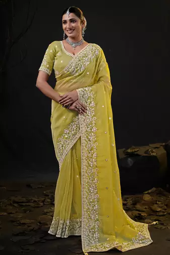 indian lemon yellow pastel floral embroidered border kashmiri organza saree with unstitched blouse