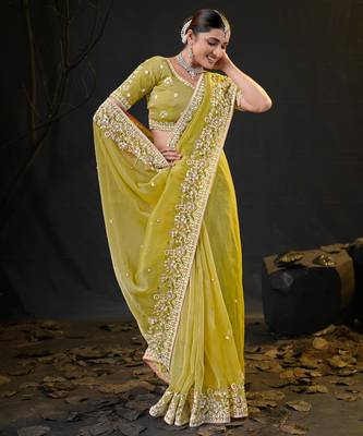 indian lemon yellow pastel floral embroidered border kashmiri organza saree with unstitched blouse 3