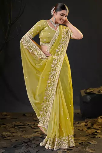 indian lemon yellow pastel floral embroidered border kashmiri organza saree with unstitched blouse
