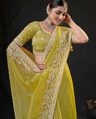 indian lemon yellow pastel floral embroidered border kashmiri organza saree with unstitched blouse 4