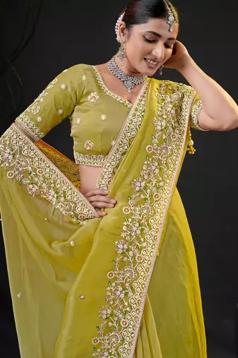 indian lemon yellow pastel floral embroidered border kashmiri organza saree with unstitched blouse