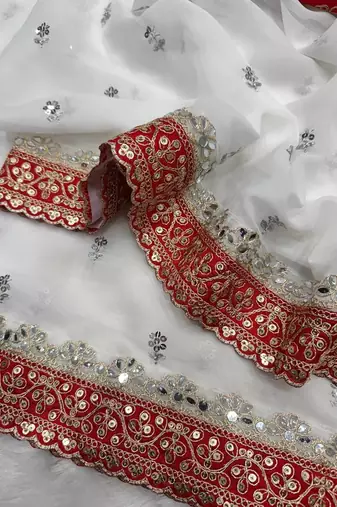 White Sequins And Dori Embroidery Real Mirror Georgettete Saree