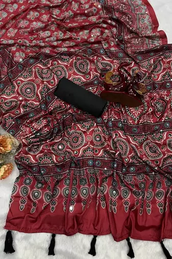 Maroon Ajarakh Print Real Mirror Crepe Silk Saree