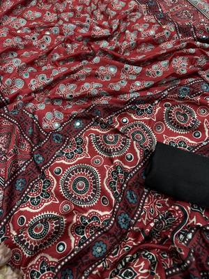 Maroon Ajarakh Print Real Mirror Crepe Silk Saree 2