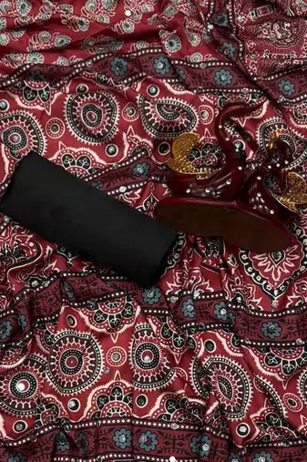 Maroon Ajarakh Print Real Mirror Crepe Silk Saree