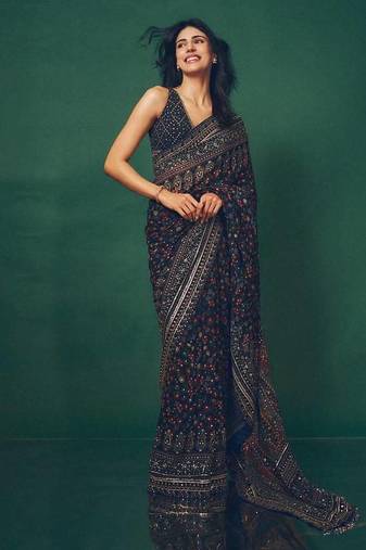 Navy Blue Sequins And Diamonds Georgettete Saree