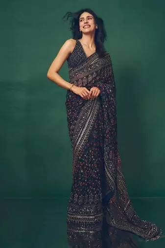 Navy Blue Sequins And Diamonds Georgettete Saree