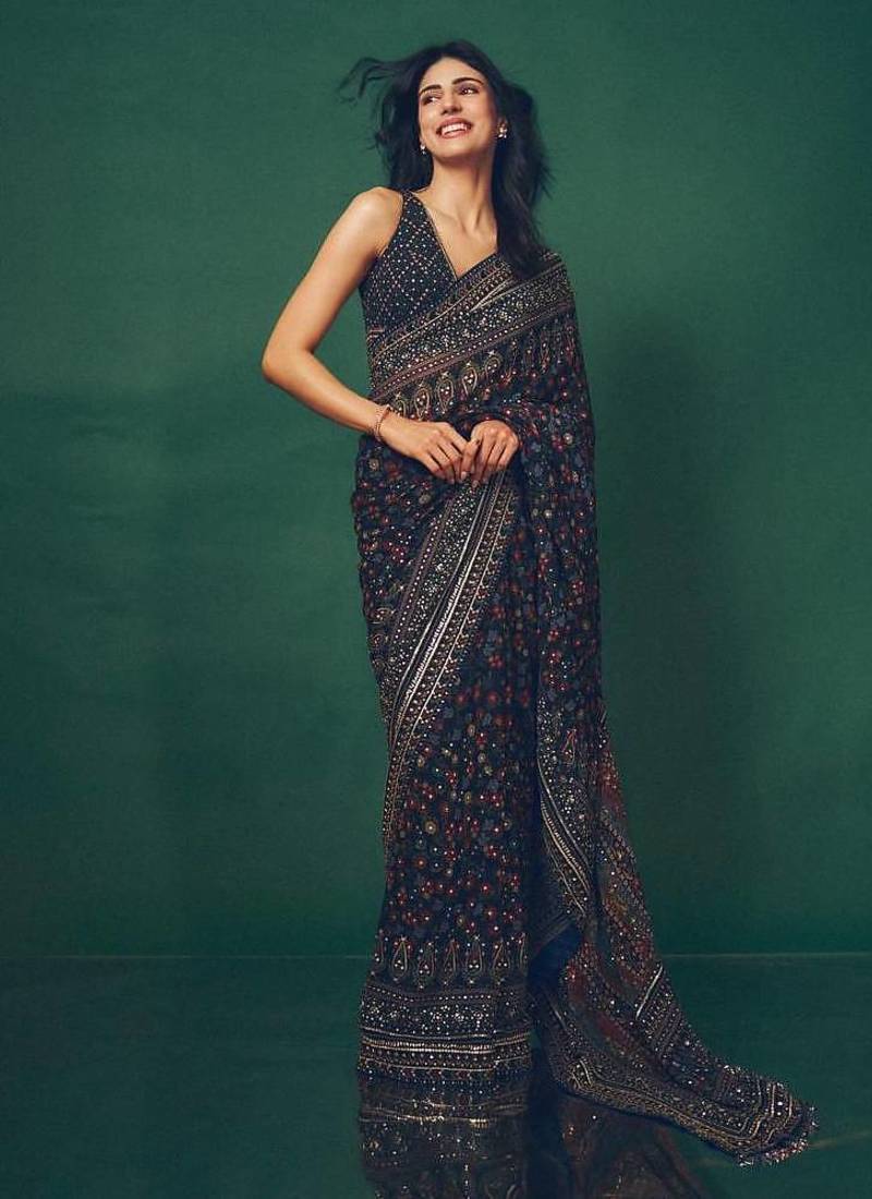 Navy Blue Sequins And Diamonds Georgettete Saree