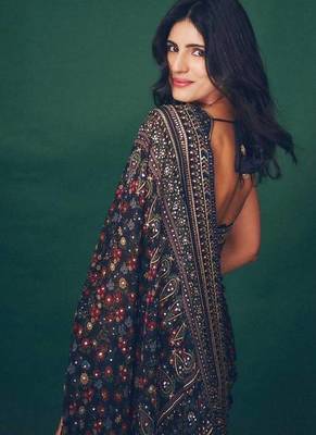 Navy Blue Sequins And Diamonds Georgettete Saree 3