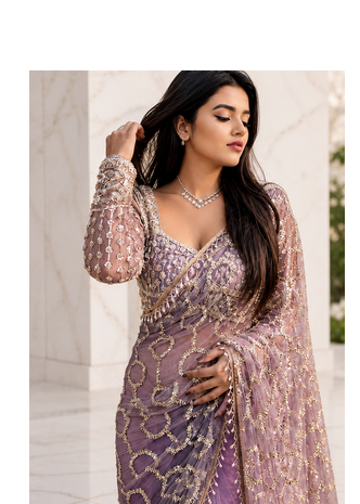 Lavender Color Sequins And Beads Embroidery Work With Fancy Latkan Net Saree 1