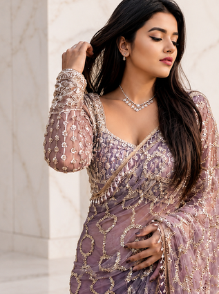 Lavender Color Sequins And Beads Embroidery Work With Fancy Latkan Net Saree