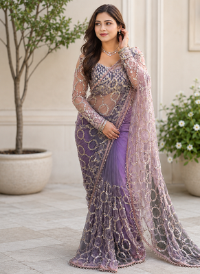 Lavender Color Sequins And Beads Embroidery Work With Fancy Latkan Net Saree 2