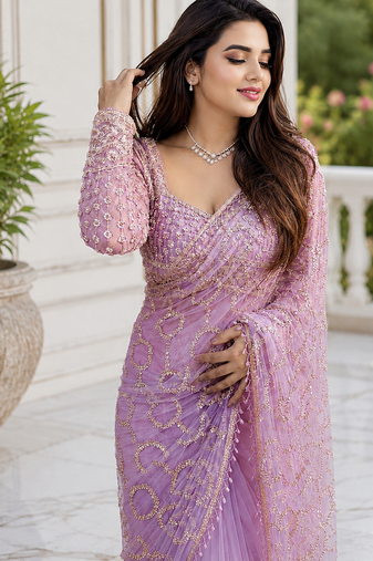 Light Pink Color Sequins And Beads Embroidery Work With Fancy Latkan Net Saree
