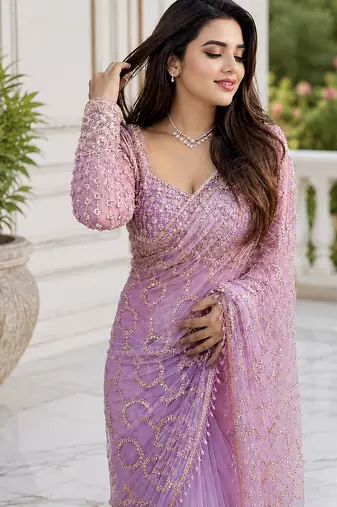 Light Pink Color Sequins And Beads Embroidery Work With Fancy Latkan Net Saree