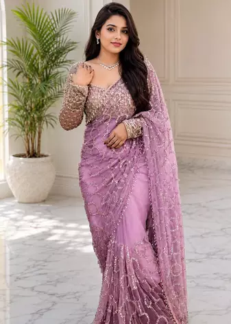 Light Pink Color Sequins And Beads Embroidery Work With Fancy Latkan Net Saree