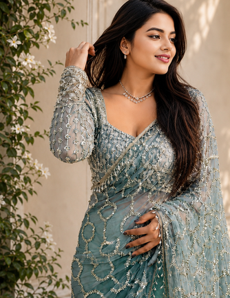 Sea Green Color Sequins And Beads Embroidery Work With Fancy Latkan Net Saree