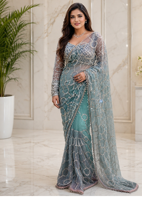 Sea Green Color Sequins And Beads Embroidery Work With Fancy Latkan Net Saree 2